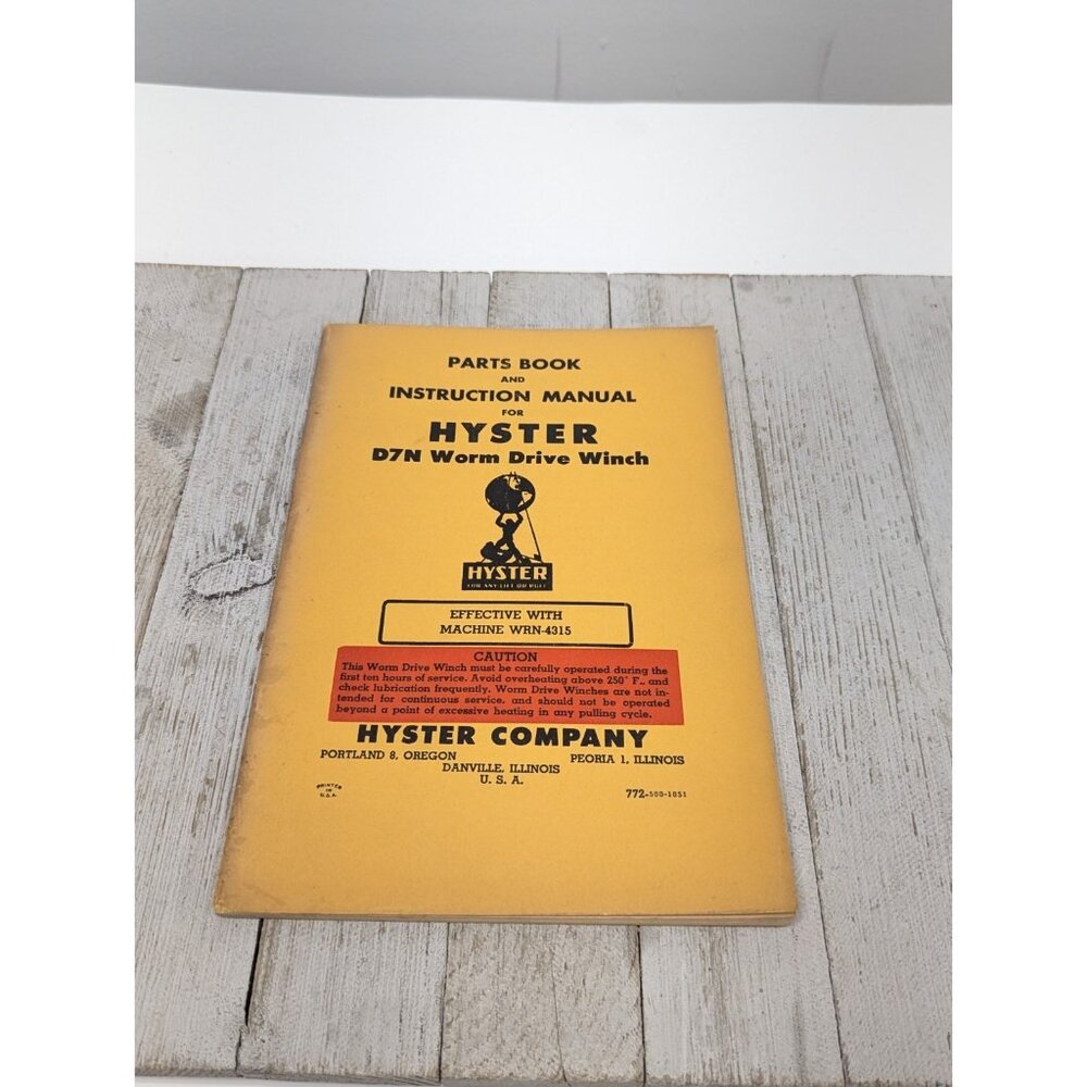 Used Caterpillar Hyster D7N Worm Drive Winch Parts Book Instruction Manual
